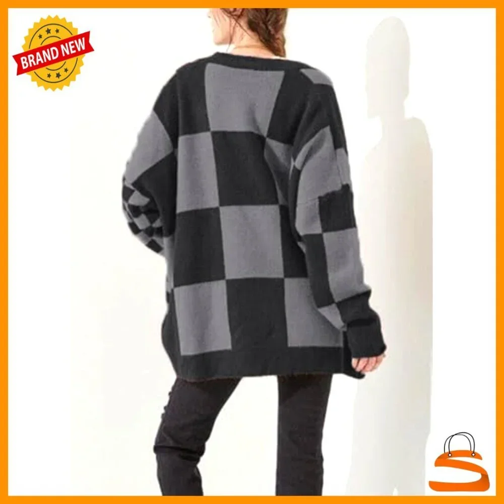 Oversized Slouchy Cardigan Plaid Knit Open Front Loose Fit Y2K Chic - Picture 3 of 4
